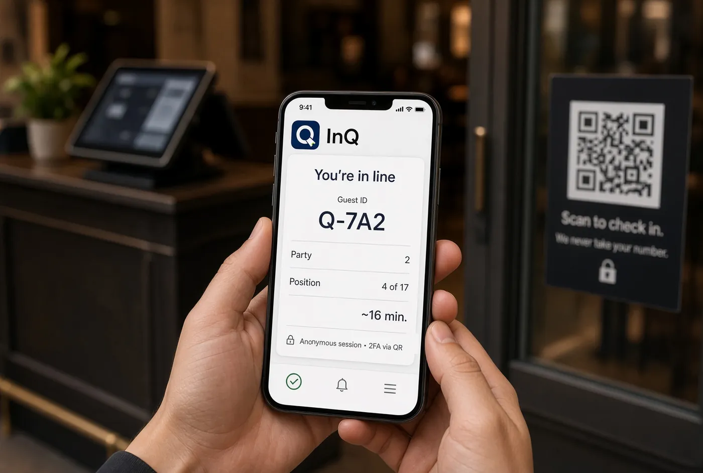 A guest's phone showing their place in line, party size and estimated wait