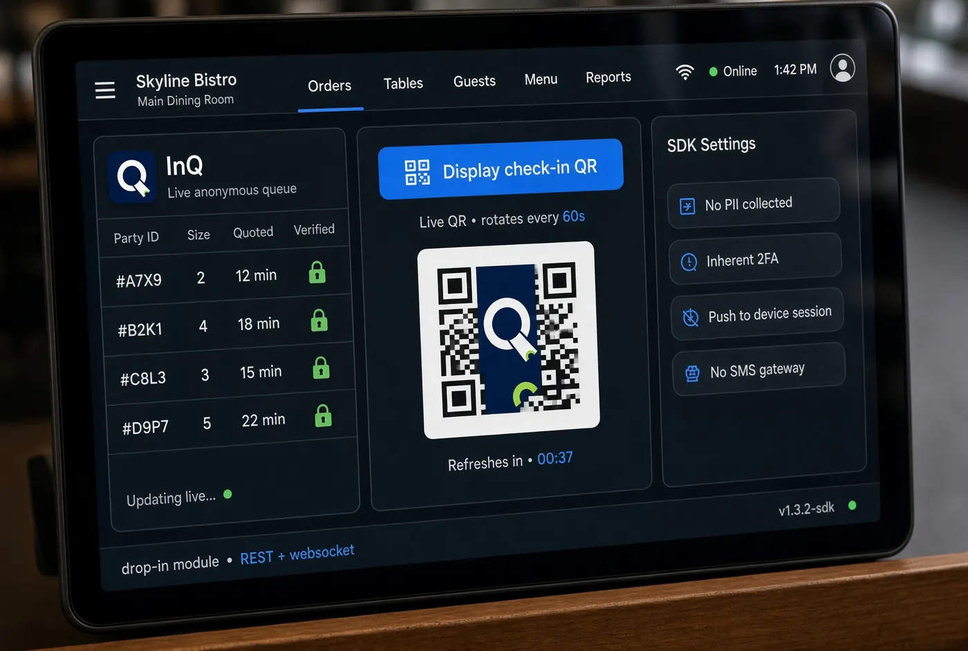 A POS tablet running the InQ SDK behind the venue’s own interface