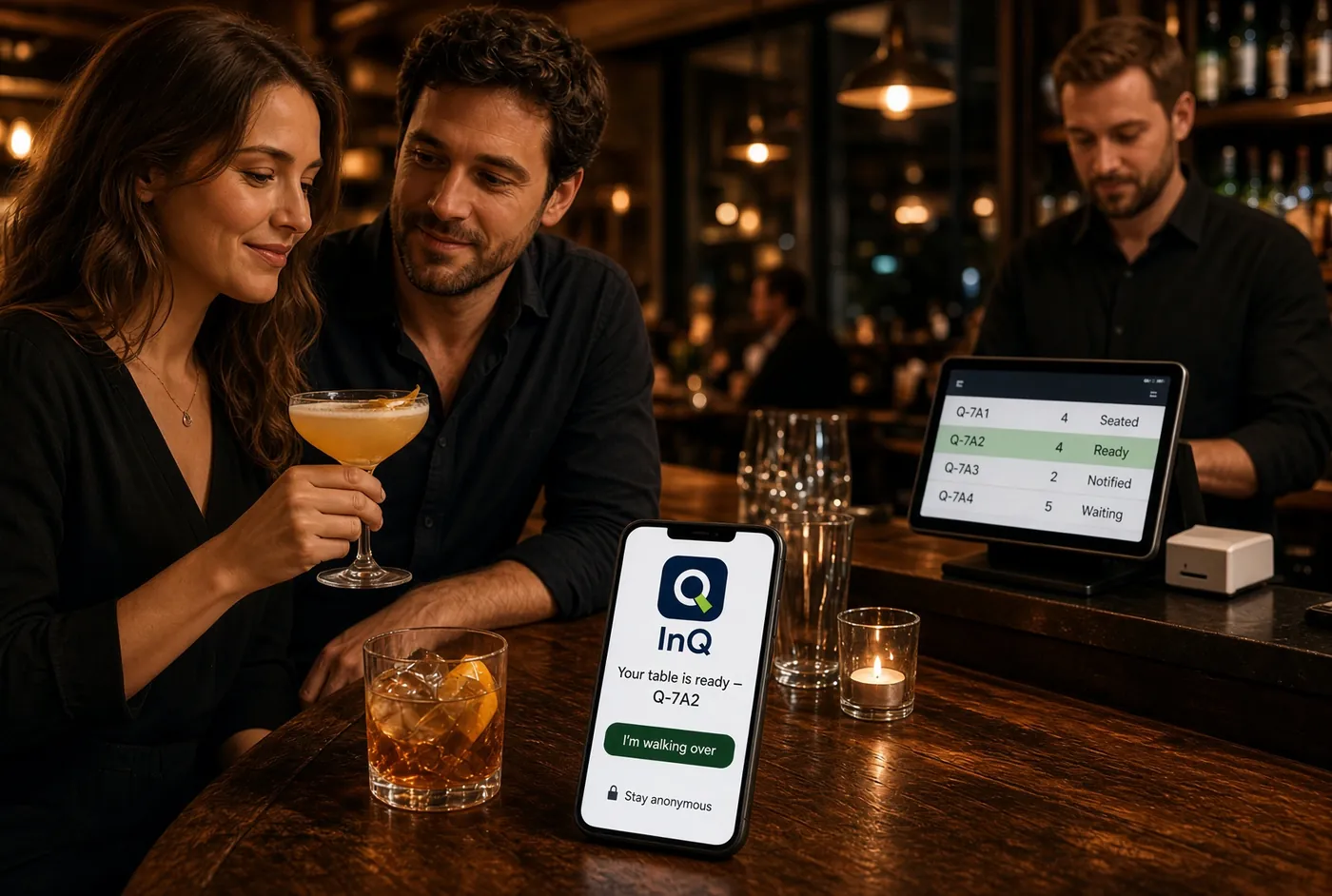 Two guests having a drink at the bar while one phone shows “Your table is ready” and the host’s screen marks them ready