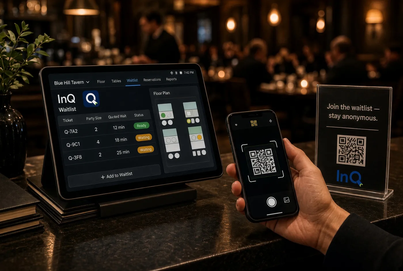 A restaurant host stand: the venue's tablet shows the InQ waitlist while a guest scans the check-in code with their phone