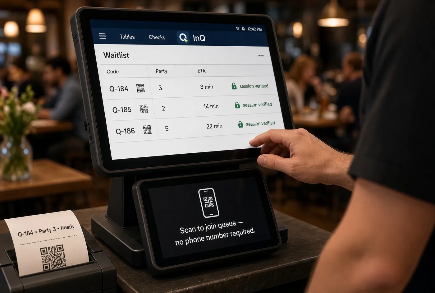 A restaurant POS terminal showing a waitlist of verified QR check-ins, with a customer-facing screen inviting guests to scan to join