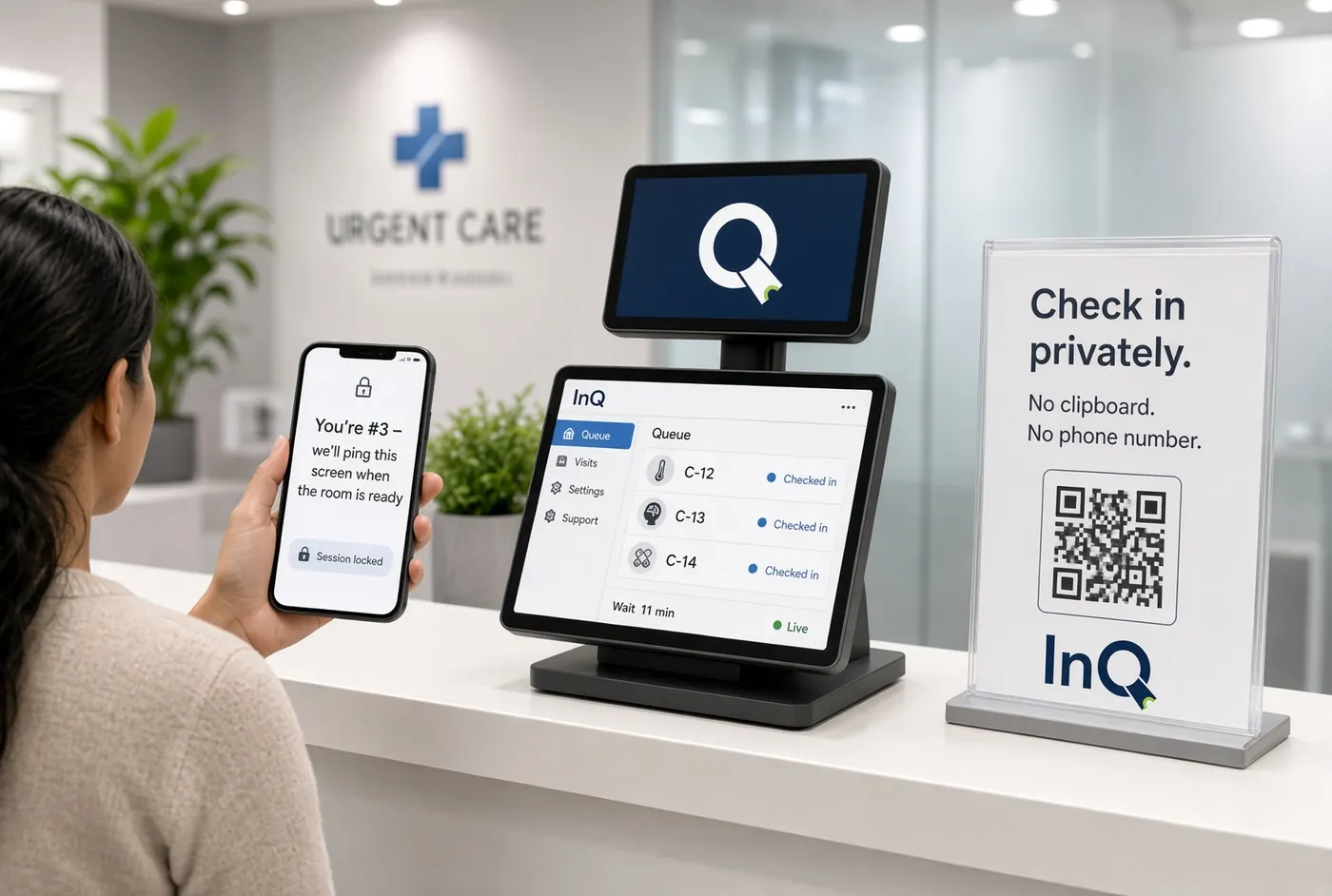 An urgent care front desk: a patient’s phone shows “You’re #3”, the clinic tablet shows the queue, and a sign invites patients to check in privately